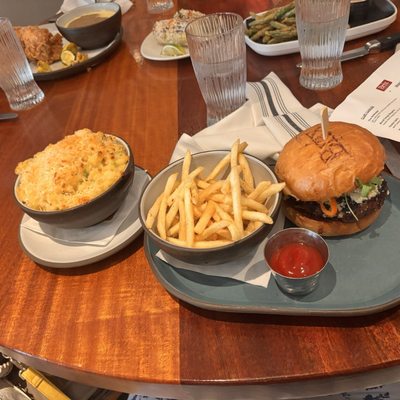 Brix signature dishes Dungeness Crab Fondue, Brix Burger, Brix Banana Split.
